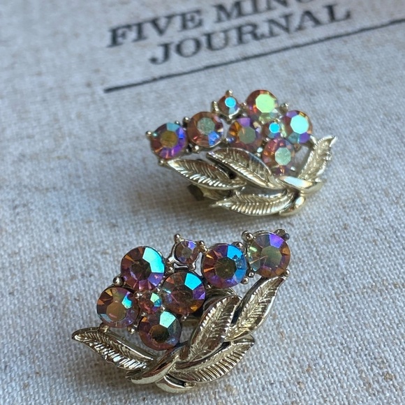 Vintage silver tone Aurora Borealis style clip on crystal earrings